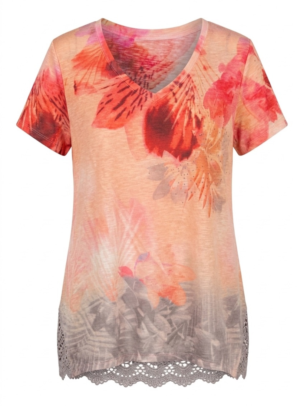 Time and Tru Peach and Coral Floral V-Neck Top with Lace Trim